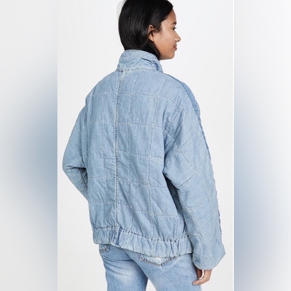 EXCELLENT - Free People Dolman Medium Wash Blue Quilted Denim Jacket Large - Picture 2 of 8